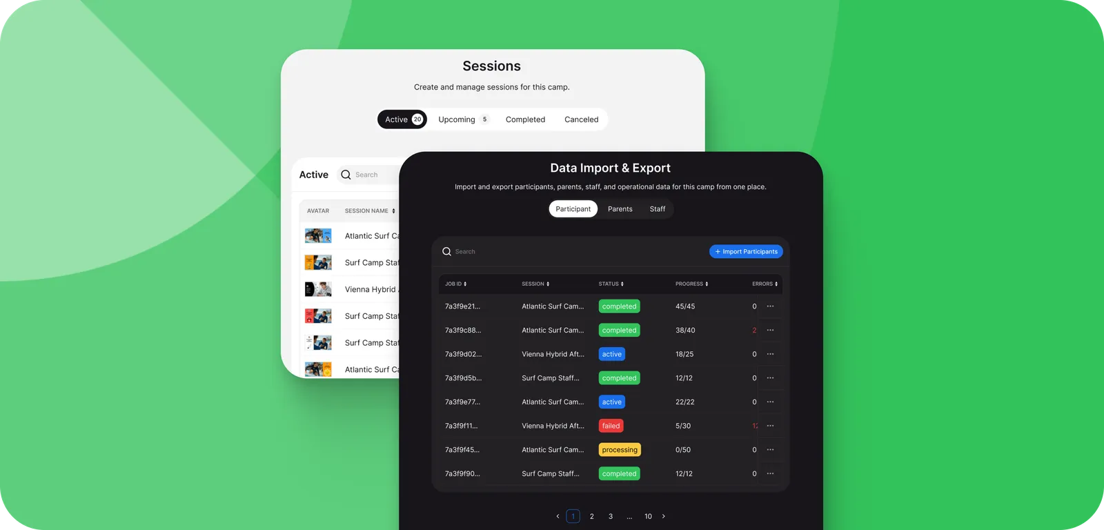 Session Console - Sessions list and Data Import and Export screens