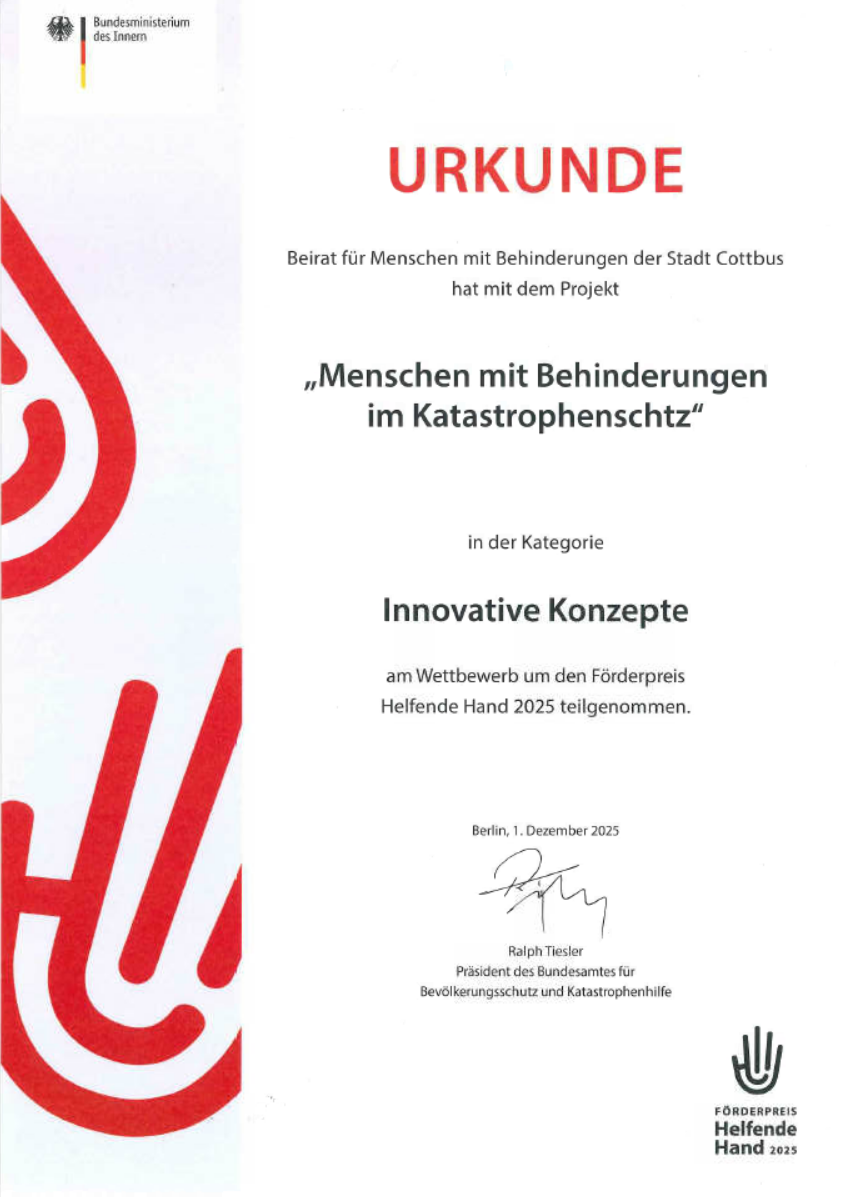 Urkunde für ein innovatives Konzept für die Einbeziehung von Menschen mit Behinderungen im Katastrophenschutz