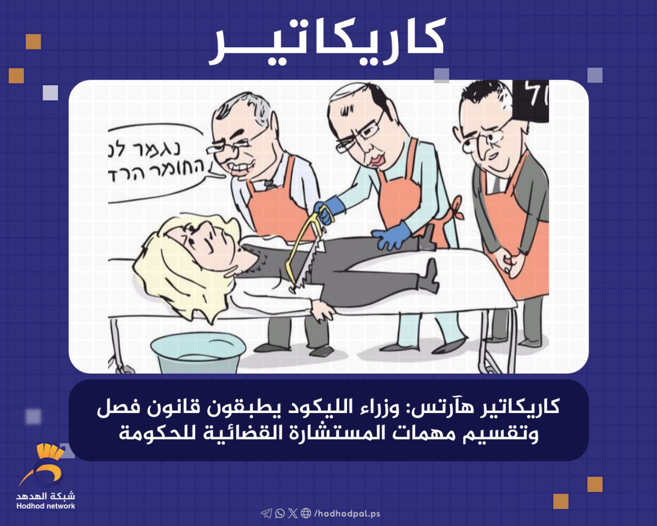 كاريكاتير هآرتس: وزراء الليكود يطبقون قانون فصل وتقسيم مهمات المستشارة القضائية للحكومة