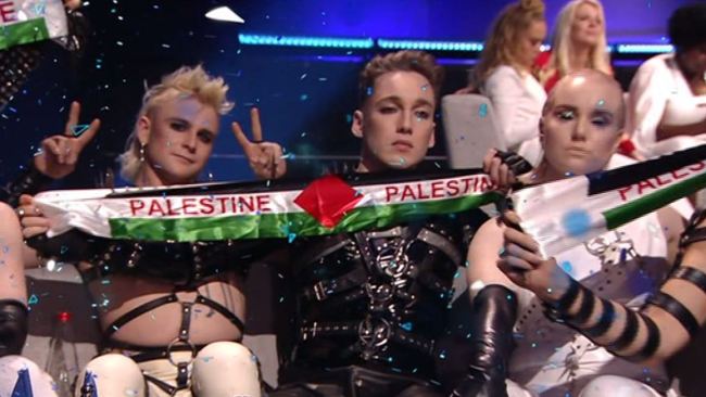 Iceland's Hatari raises Palestinian flags during Eurovision results