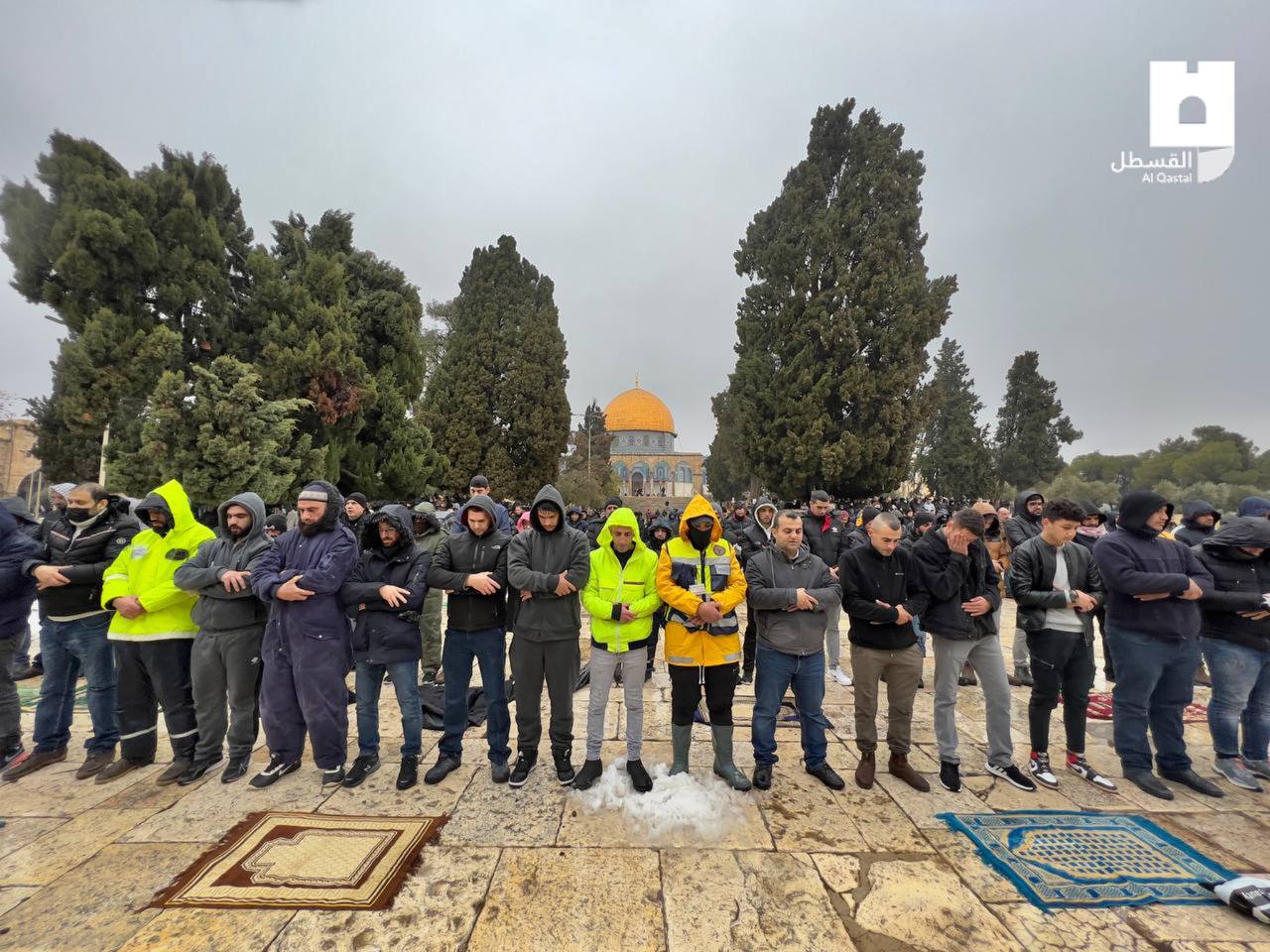 Despite freezing weather, thousands of Palestinians perform Friday prayer at Al-Aqsa