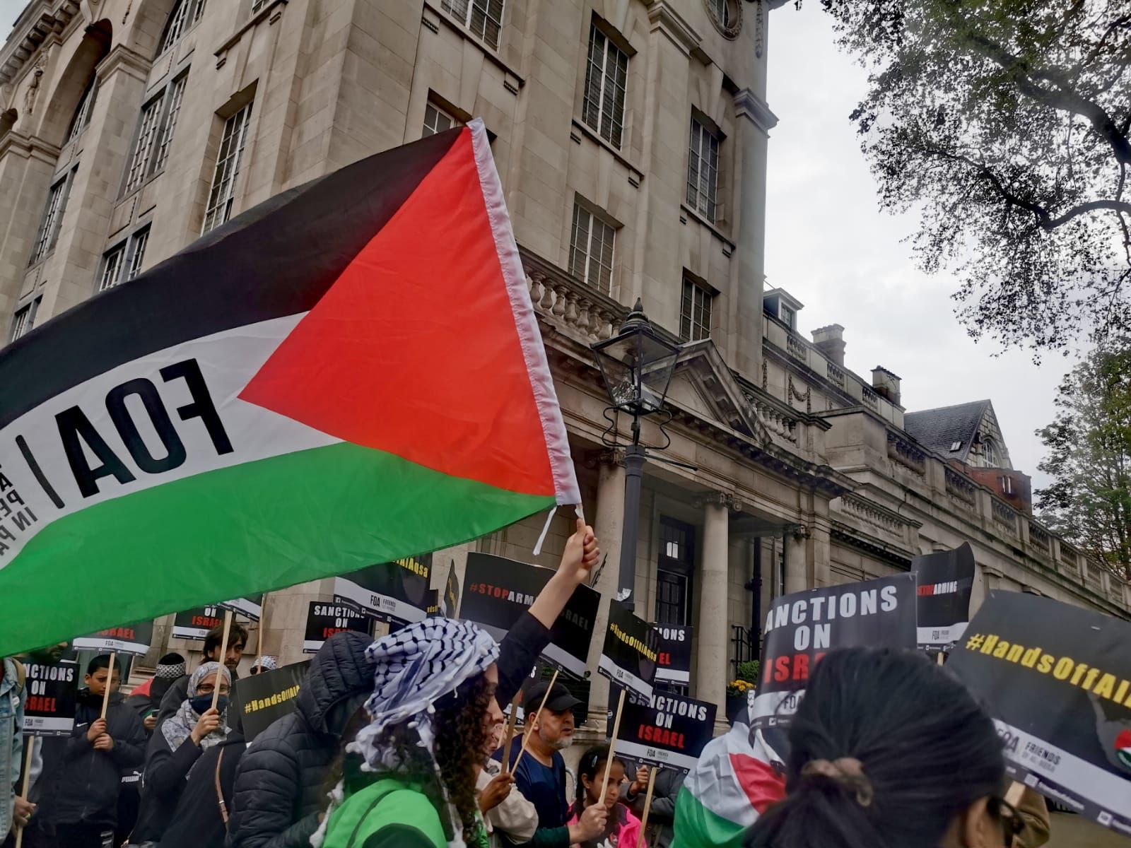 Pro-Palestine activists protest outside Israeli embassy in London against Israel’s recent assault of Al-Aqsa