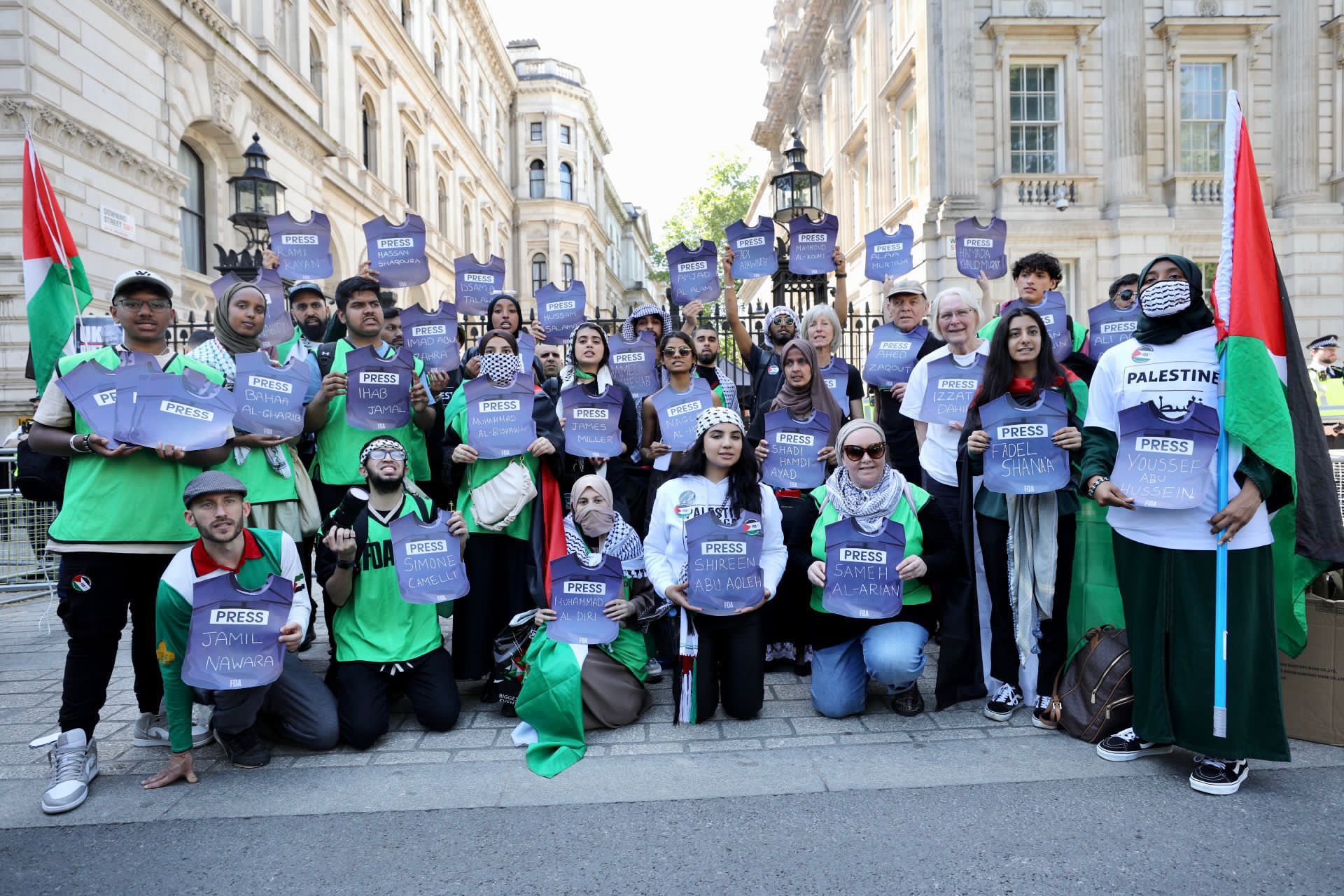 Protesters hold 55 press jackets outside BBC in London to represent journalists killed by ‘Israel’
