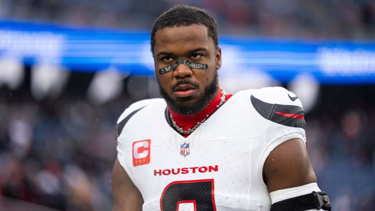 NFL Fines Texans LB Azeez Al-Shaair $11K for 'Stop the Genocide' Message in Eye Black