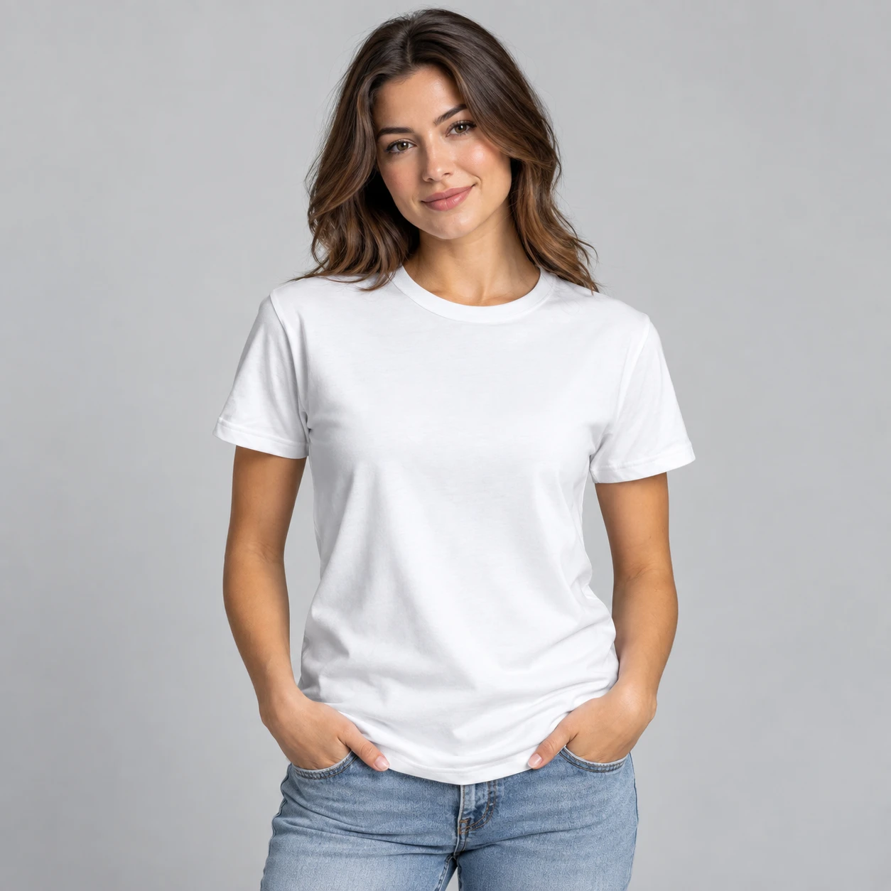 Mockup cuadrado de mujer con playera blanca lisa para publicación de Instagram