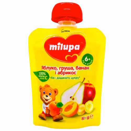 Дитяче пюре фрукт Яблуко,Груша,Бана,Абрикос Milupa 80г,від 6 міс
