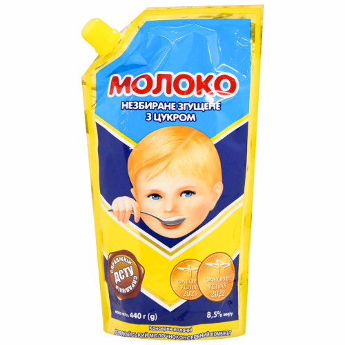 Молоко незбиране згущене з цукром дой-пак 440г ТМ Первомайський