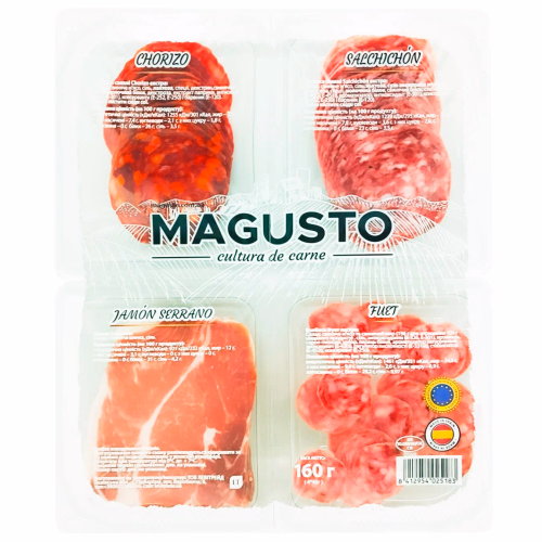 Набір нарізок MAGUSTO Chorizo/Salchichon/Jamon Serrano/Fuet, (4x40г) 160г