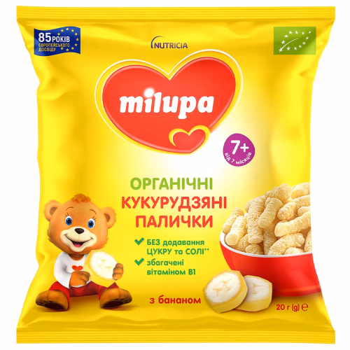 Milupa орг кукурудз палички з бананом, для дітей від 7 міс.20г