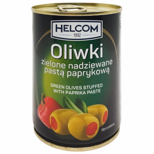 Оливки HELCOM 280г зелені з паприкою ж/б
