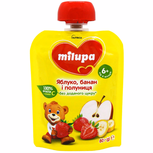 Дитяче пюре фрукт Яблуко Банан і Полуниця Milupa 80Г, від 6 міс