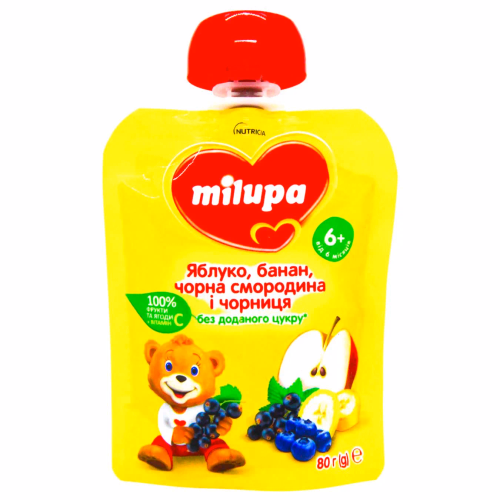 Дитяче пюре фрукт Яблуко,Банан,Чорна Смородина,Чорниця Milupa 80г,від 6 міс