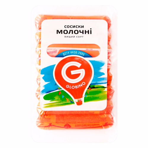 Сосиски Молочні в/с целофан в/п 370г  ГЛОБИНО