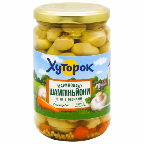 Шампіньйони мариновані цілі з овочами, стерилізовані ТМ "Хуторок" 300г, скло