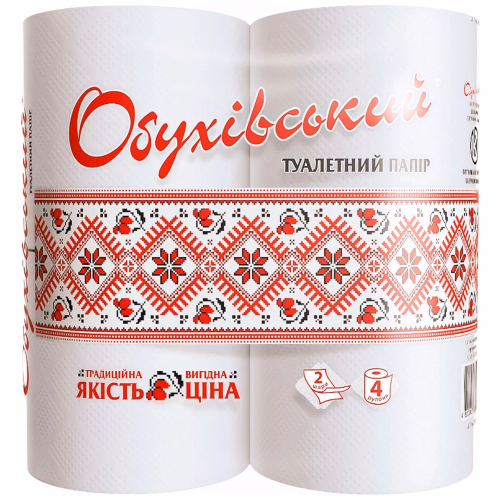 Обухівська Туалетний папір целюлоза 2-шар 4рулони на гільзі білий