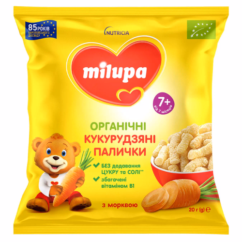 Milupa орг кукурудз палички з морквою, для дітей від 7 міс.\20г