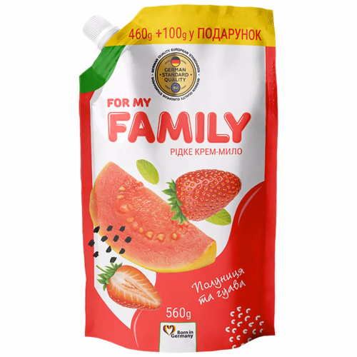 For my FAMILY рідке крем-мило дой-пак 560г Полуниця й гуава зі зволожуючою рисовою олією