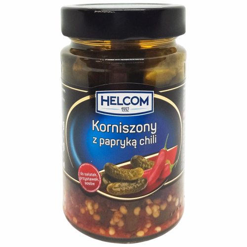 Огірки-корнішони консервовані HELCOM 300г з перцем чилі  ск/б