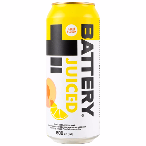 Напій б/а енерг.сл/газ Battery Juiced Peach Lemonade 0,5л ж/б