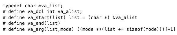 screenshot of C header file varargs.h from 7th edition unix, in which “mode” is used as the name of a macro argument that myst be a type