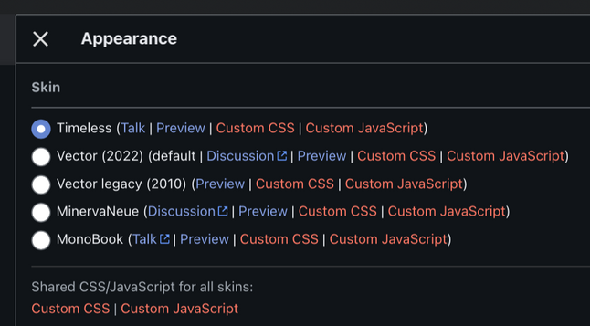 screenshot of wikipedia appearance preferences for logged-in users
