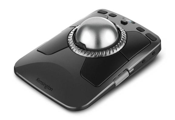 a large silver trackball in a dark grey wedge-shaped plastic enclosure studded with buttons switches and scrolly things