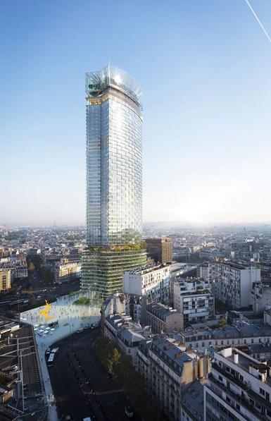 architect’s render of renovated tour montparnasse: the dark brown windows replaced by mirrored glass (which is very bad for birds); the lower floors are implausibly green, and they have plopped a huge multistorey greenhouse on top