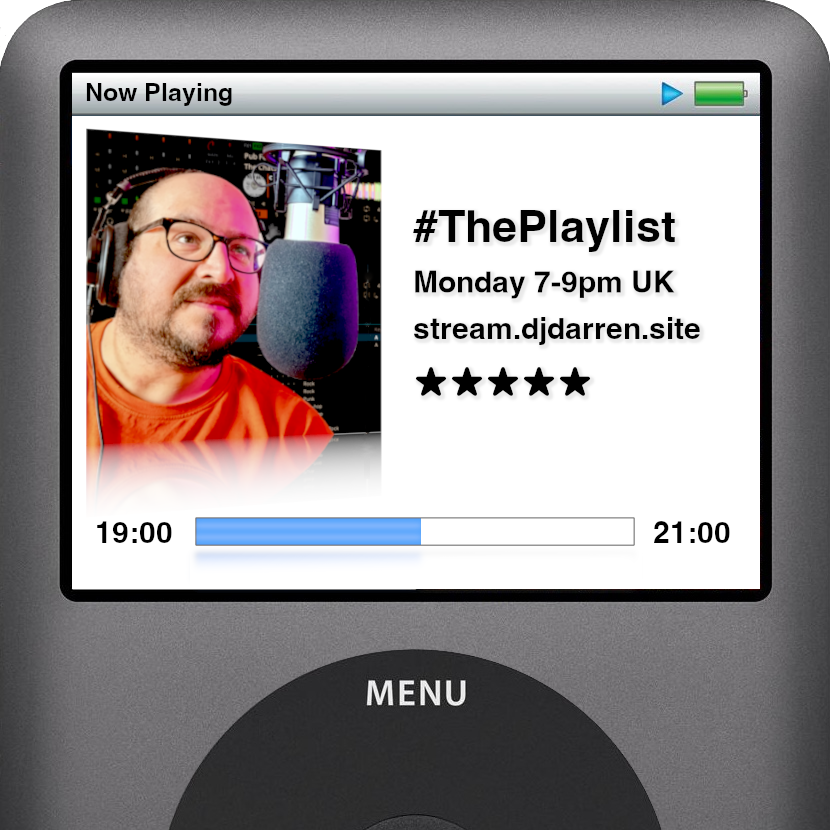 Promotional artwork for my radio show.

It's designed to look like the now playing screen on a classic iPod, with the show info on the right side of the screen, and a photo of me on the left.

It details that the show is broadcast on Mondays from 7pm until 9pm UK time.