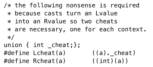 screenshot of some horrible macros with a comment: the following nonsense is required because casts turn an Lvalue into an Rvalue so two cheats are necessary, one for each context.