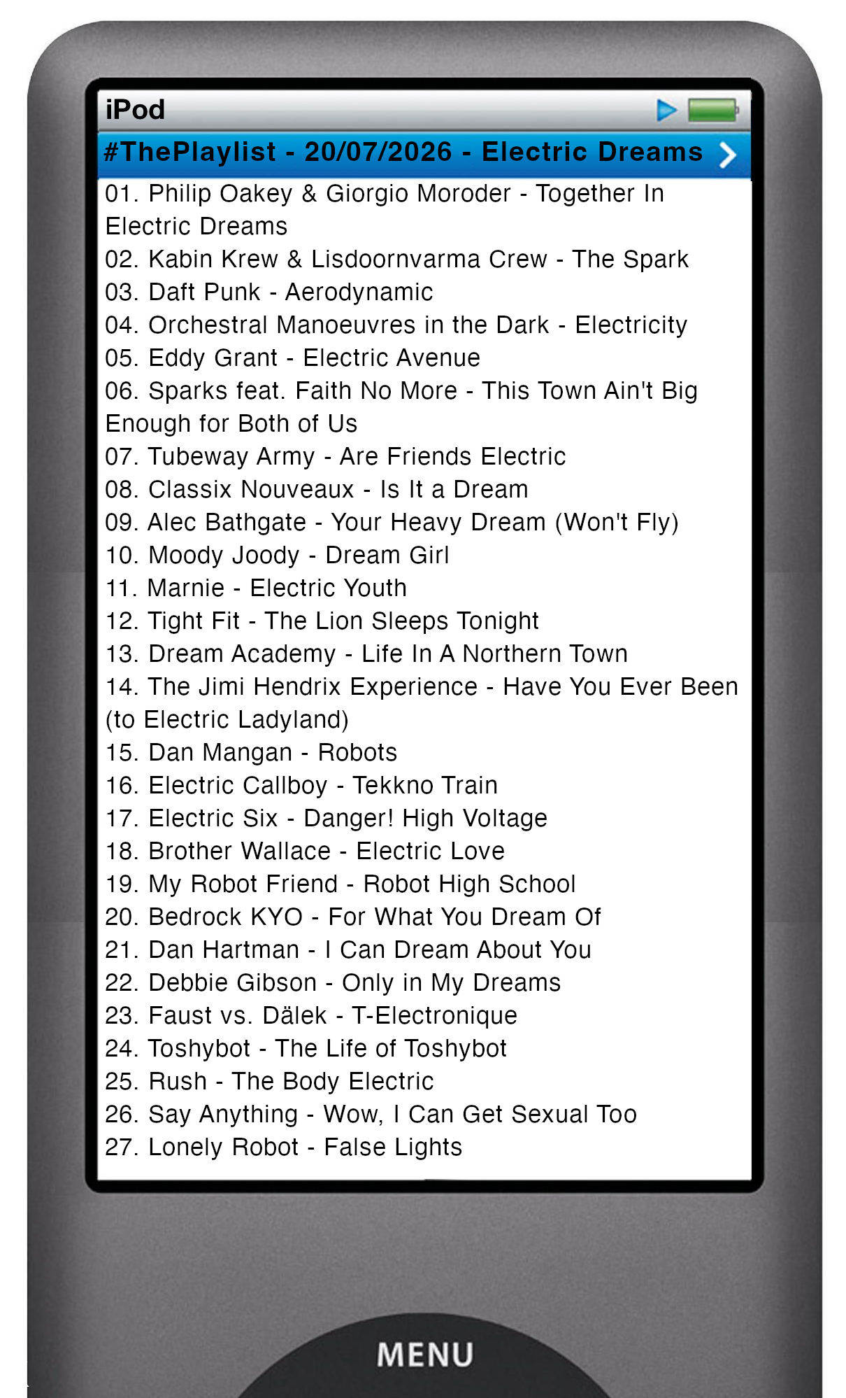 The tracks played on this episode, presented on the screen of a comically elongated iPod The songs are: 01. Philip Oakey & Giorgio Moroder - Together In Electric Dreams 02. Kabin Krew & Lisdoornvarma Crew - The Spark 03. Daft Punk - Aerodynamic 04. Orchestral Manoeuvres in the Dark - Electricity 05. Eddy Grant - Electric Avenue 06. Sparks feat. Faith No More - This Town Ain't Big Enough for Both of Us 07. Tubeway Army - Are Friends Electric 08. Classix Nouveaux - Is It a Dream 09. Alec Bathgate - Your Heavy Dream (Won't Fly) 10. Moody Joody - Dream Girl 11. Marnie - Electric Youth 12. Tight Fit - The Lion Sleeps Tonight 13. Dream Academy - Life In A Northern Town 14. The Jimi Hendrix Experience - Have You Ever Been (to Electric Ladyland) 15. Dan Mangan - Robots 16. Electric Callboy - Tekkno Train 17. Electric Six - Danger! High Voltage 18. Brother Wallace - Electric Love 19. My Robot Friend - Robot High School 20. Bedrock KYO - For What You Dream Of 21. Dan Hartman - I Can Dream About You 22. Debbie Gibson - Only in My Dreams 23. Faust vs. Dälek - T-Electronique 24. Toshybot - The Life of Toshybot 25. Rush - The Body Electric 26. Say Anything - Wow, I Can Get Sexual Too 27. Lonely Robot - False Lights