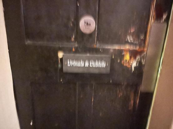 blurry photo of a door labelled with a baby change symbol, and underneath “urinals and cubicle”