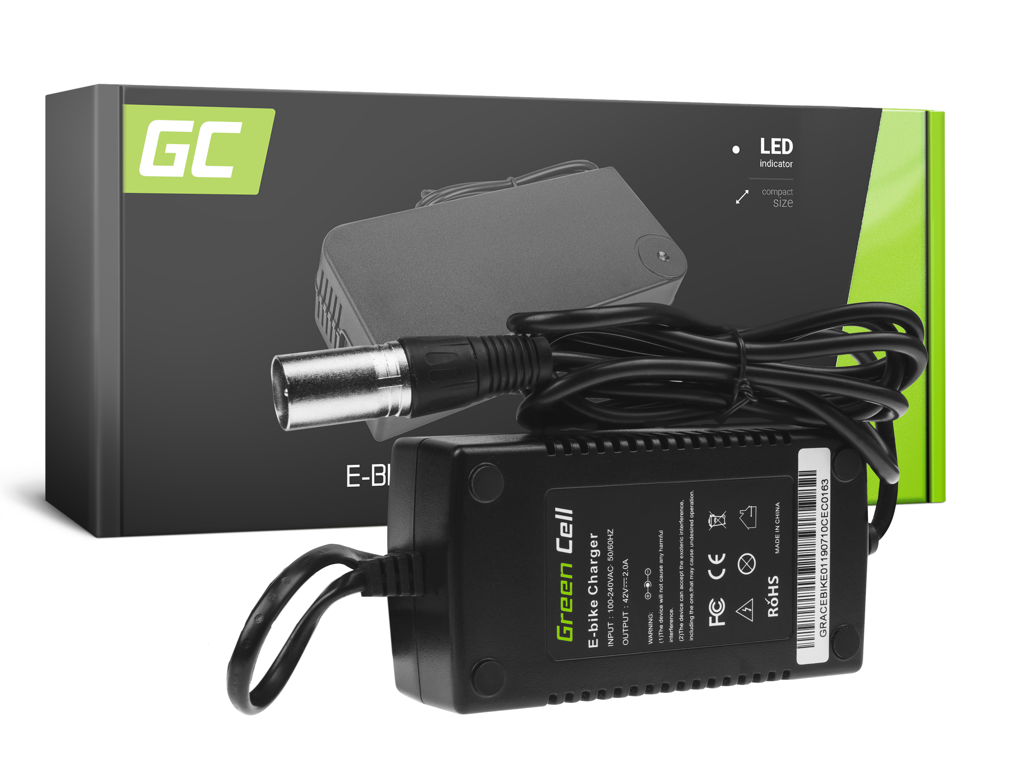 Green Cell Battery Charger 42V 2A (XLR 3 PIN) for E-BIKE 36V