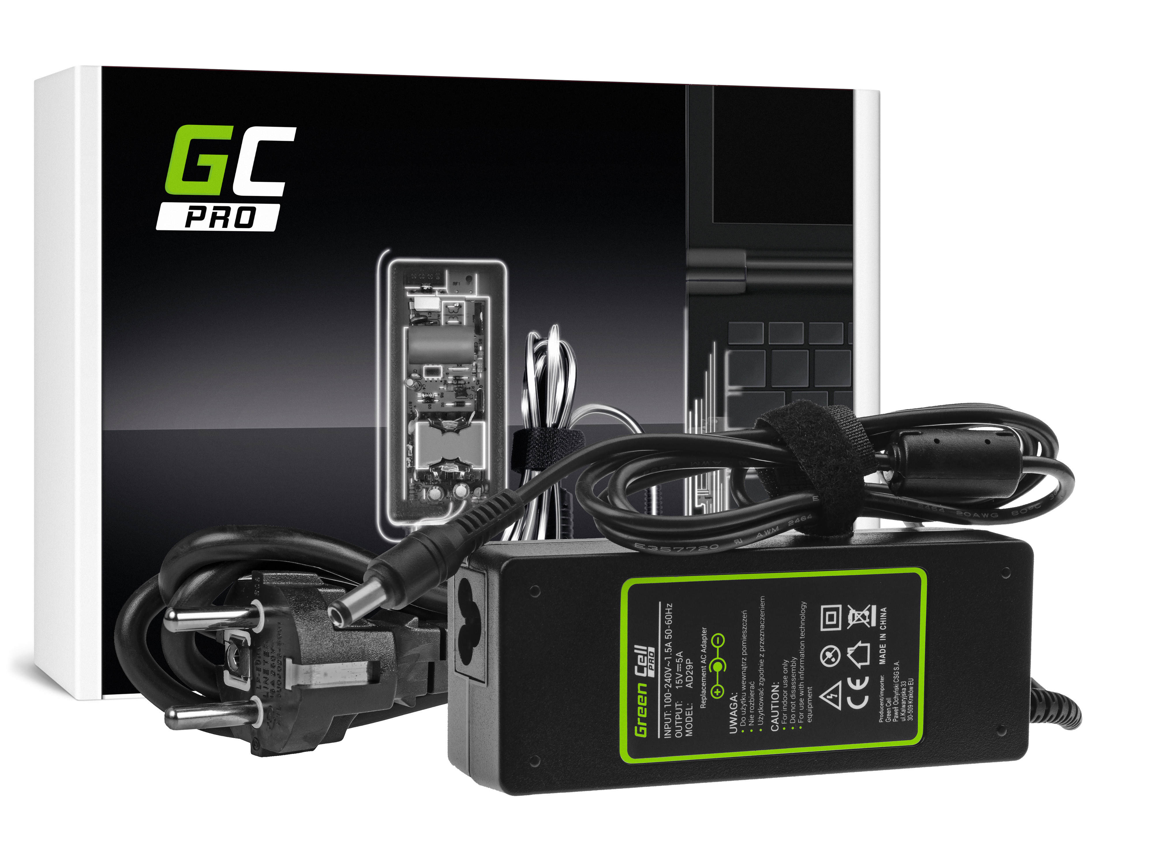 Green Cell PRO Charger / AC Adapter 15V 5A 75W for Toshiba Tecra A10 A11 M11 Satellite A100 P100 Pro S500