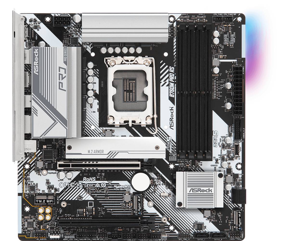 ASRock B760M PRO RS (1700/B760, 4*DDR5, 2xPCIex16, 4xSATAІІІ, 3xM.2, 2.5GLan, 7.1ch, mATX)