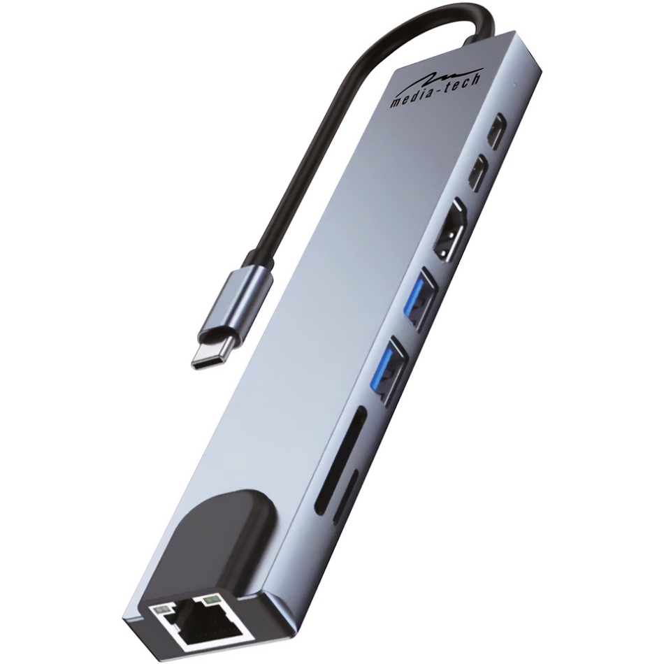 Док-станція USB3.1 Type-C -->HDMI 4K60Hz/2xUSB-A/2xType-C/RJ45/SD/TF/PD 100W 8 in 1 Media-Tech