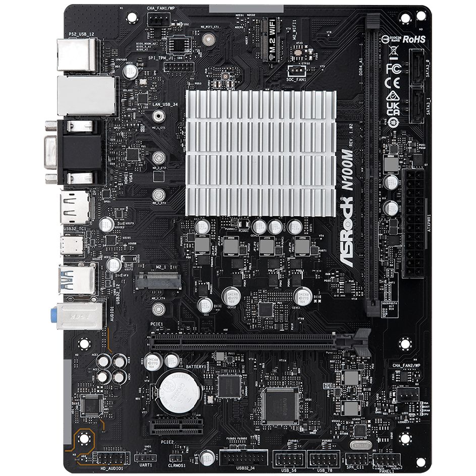 ASRock N100M (Quad-Core N100 3.4GHz, 1xDDR4 DIMM, VGA/HDMI/DP, 1*PCIe, 2xSATA, M.2, GLan, mATX)