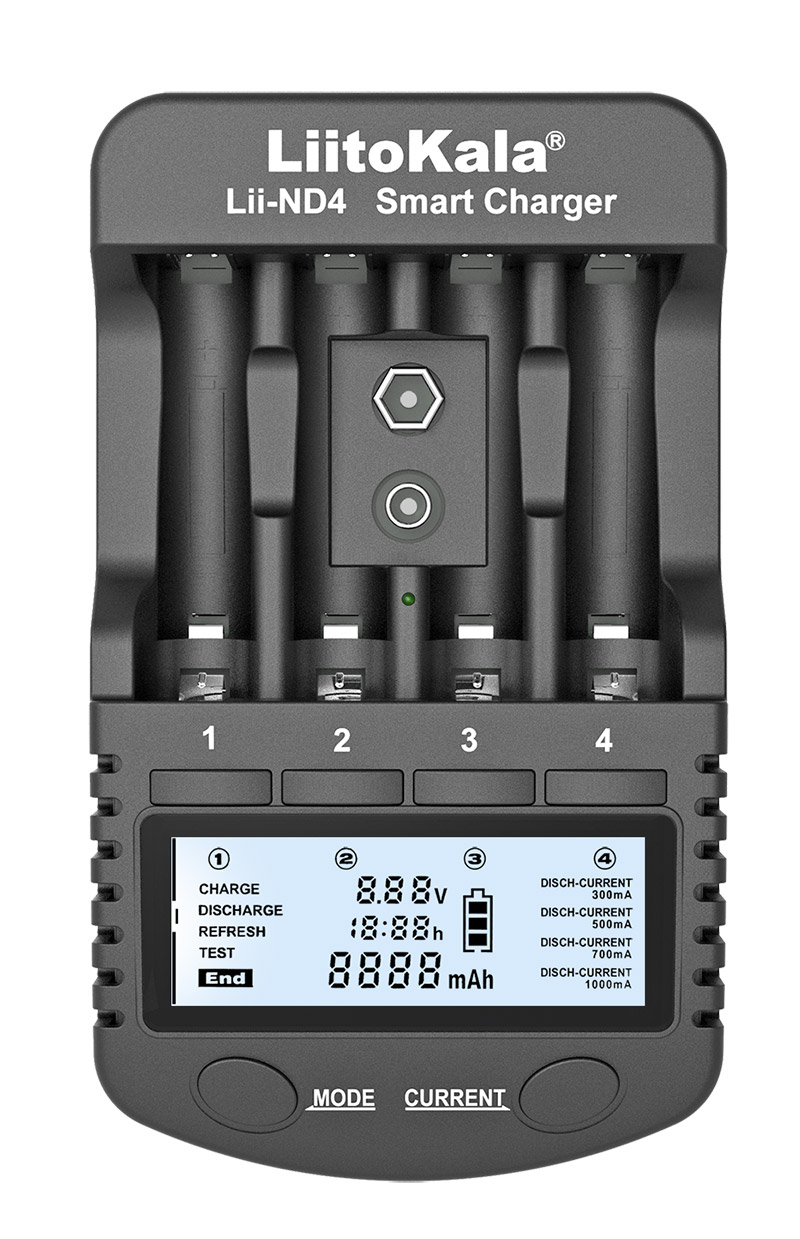 Зарядний пристрій LiitoKala Lii-ND4, 4x(NiMH/NiCd) + 1*9V(крона), discharge function, display