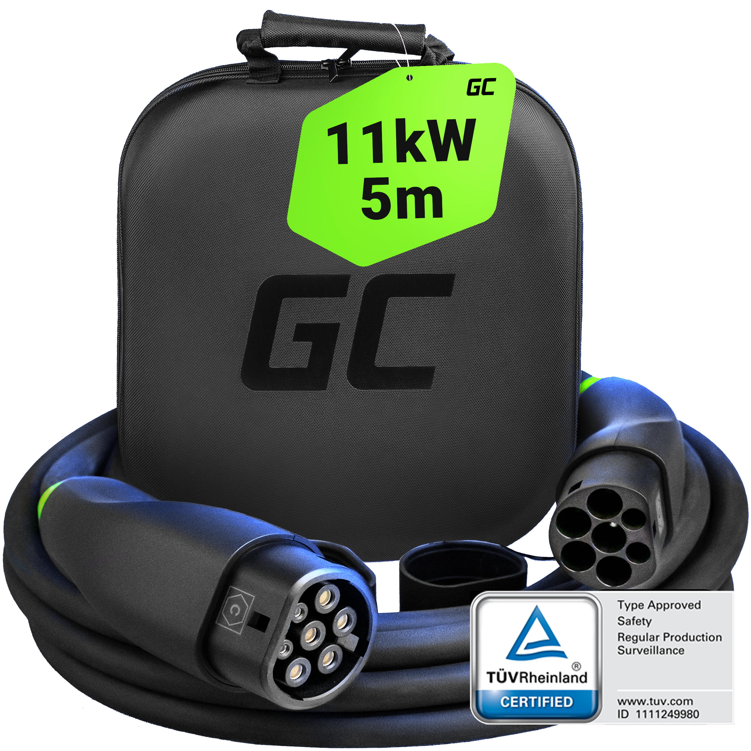 Green Cell GC Snap Type 2 EV Charging Cable 11kW 5m for Tesla Model Y 3 S X, VW ID.4, Kia EV6, Hyundai IONIQ 5, Ford Mach-E