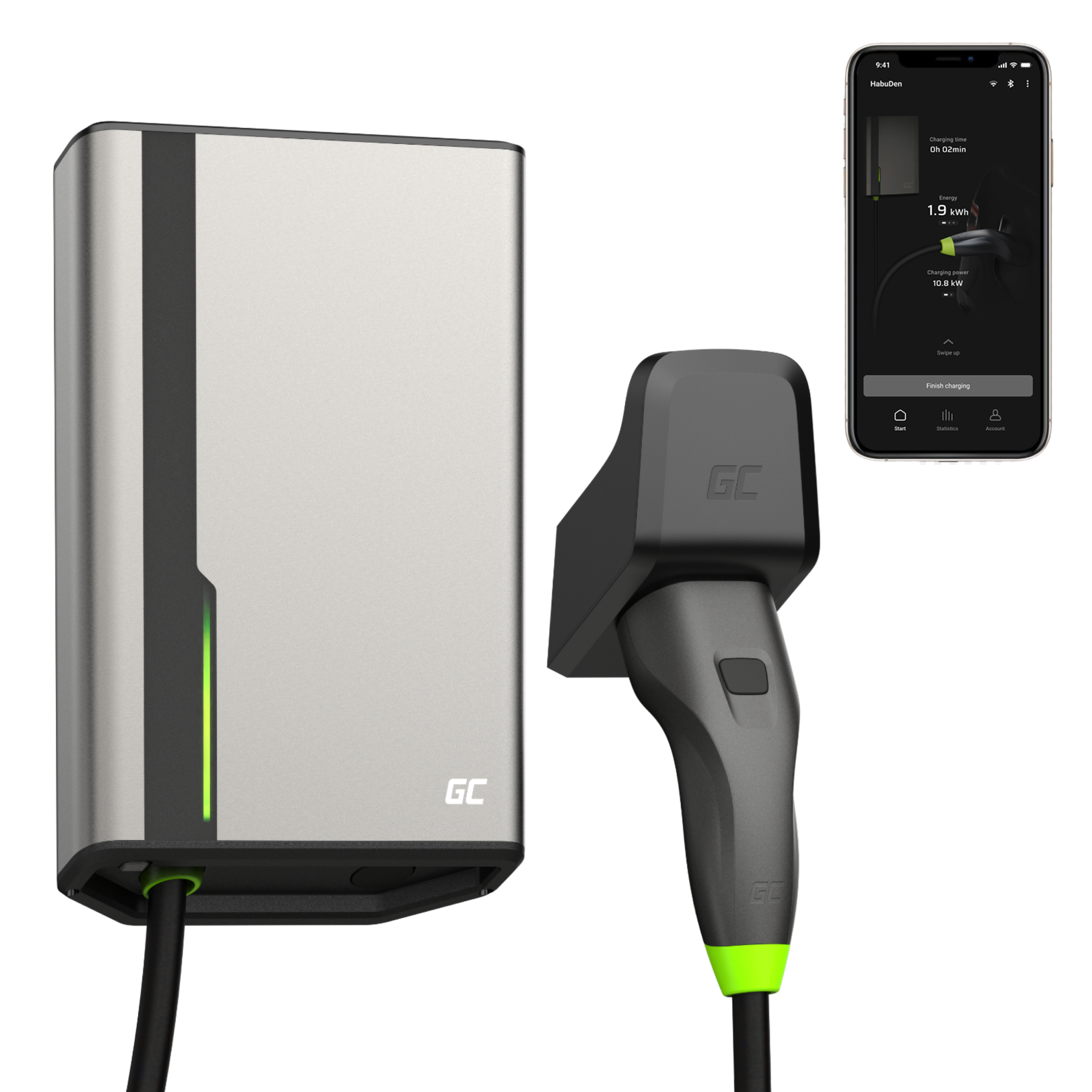 Green Cell GC HabuDen Wallbox 22kW 32A 5m Cable Type 2 Smart EV Charging Station with GC App Bluetooth WiFi