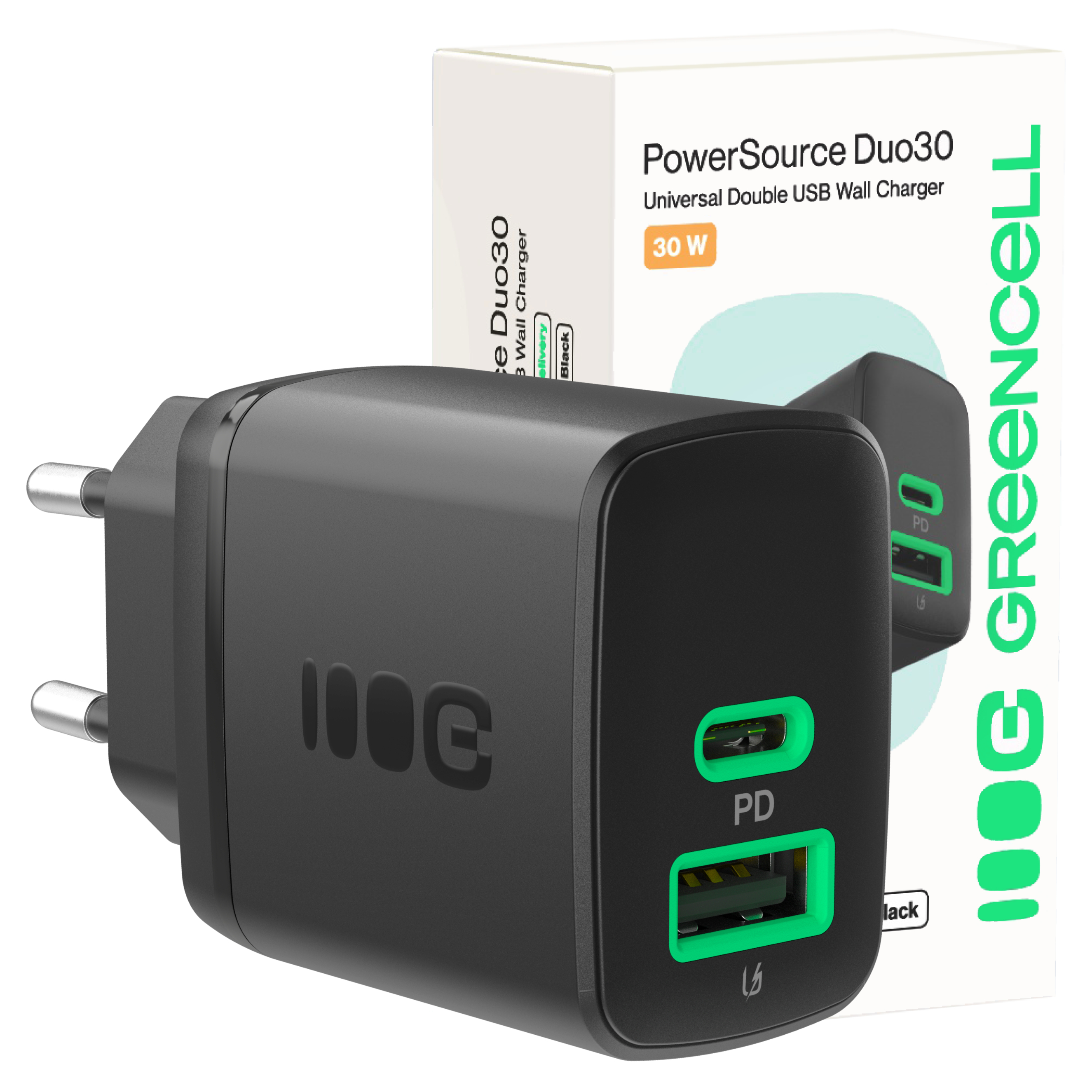 Greencell PowerSource Duo30 Charger USB/USB-C Black Power Adapter 30W Power Delivery