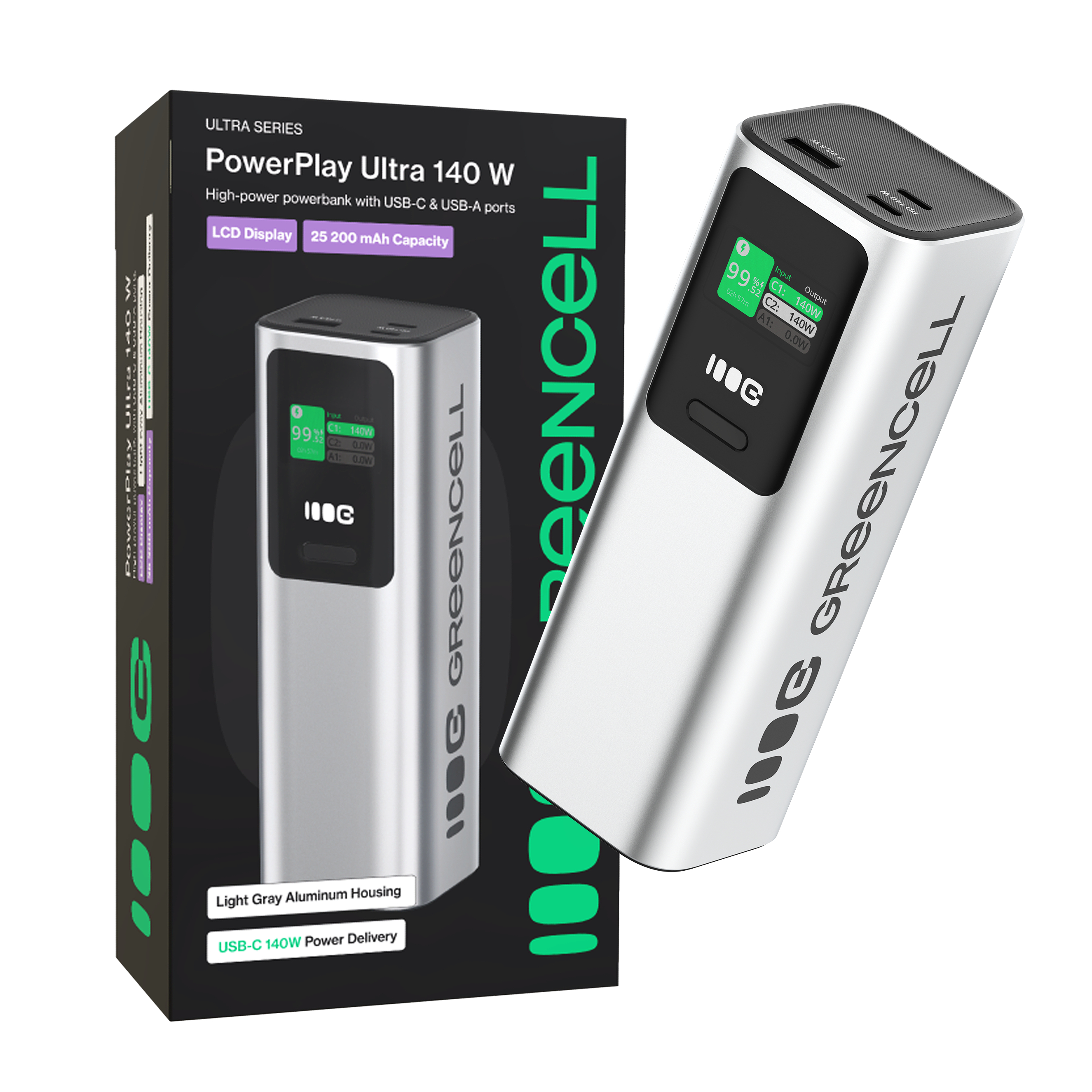 Greencell Powerbank 25200mAh 140W PD USB-C with Fast Charging for Laptop, MacBook, iPhone 16 15 14 Pro Max, Samsung Galaxy S25