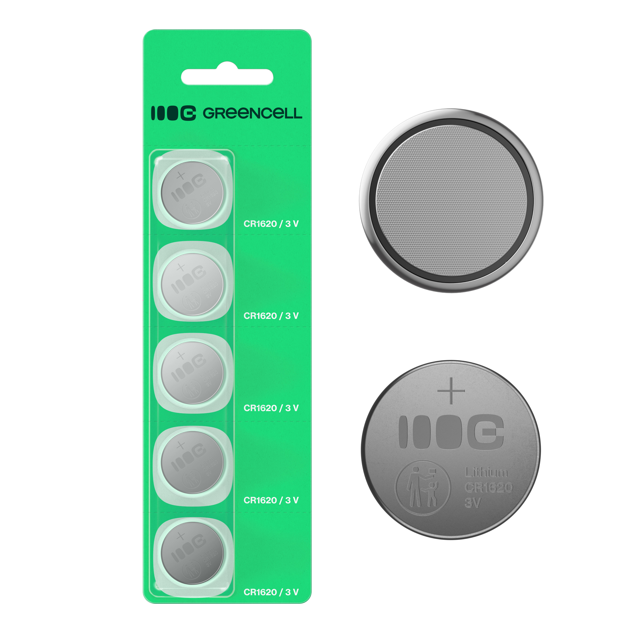 5x lithium battery CR1620 CR 1620 3V 70mAh Greencell button cell Blister