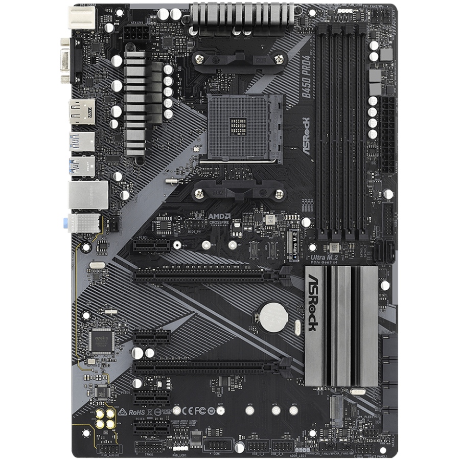 ASRock B450 PRO4 R2.0 (AM4/B450, 4*DDR4, PCIex16, DP, HDMI, VGA, 6xSATA, M.2,GLan, 8ch, ATX)