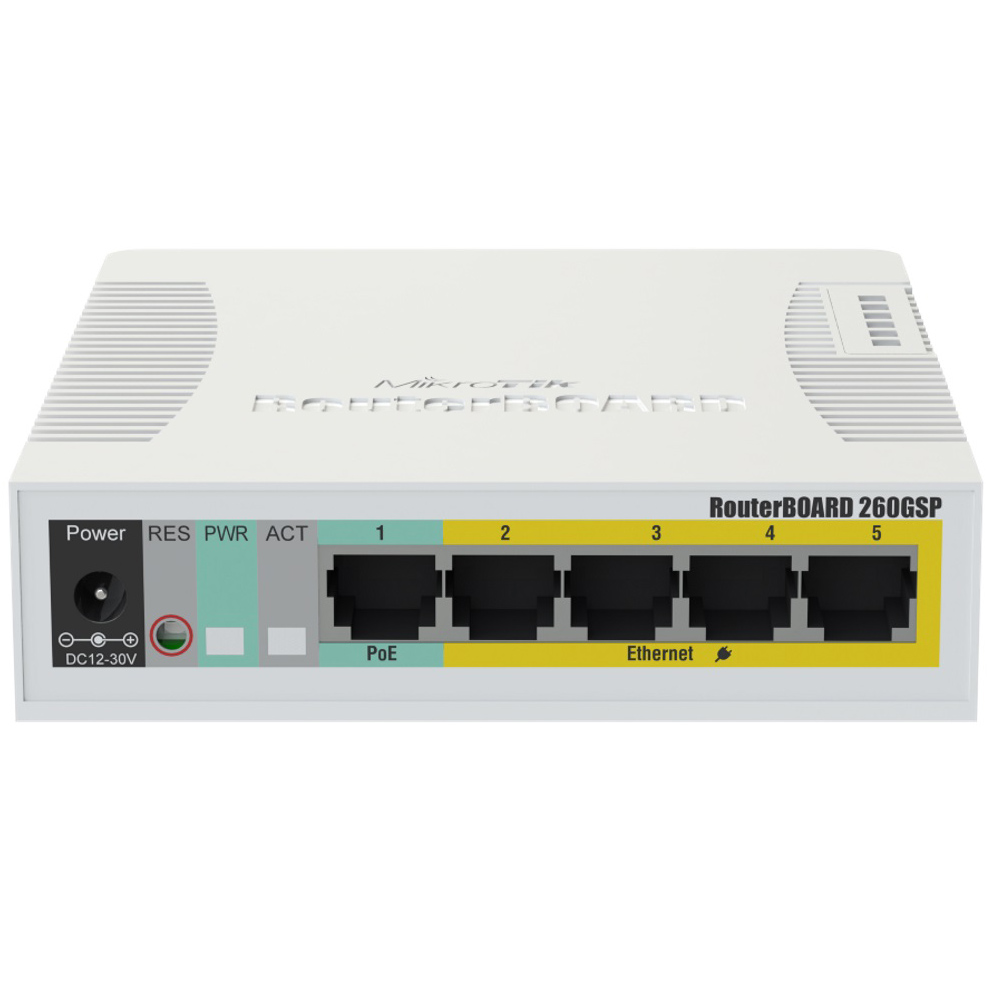 Комутатор Mikrotik RB260GSP, 5 Gigabit ports and SFP cage, SwOS, plastic case, PSU, POE-OUT