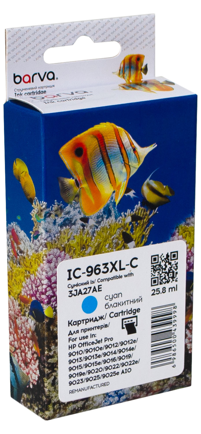 Картридж сумісний HP 963XL (3JA23AE/3JA27AE) 1600 арк, блакитний Barva (IC-963XL-C)