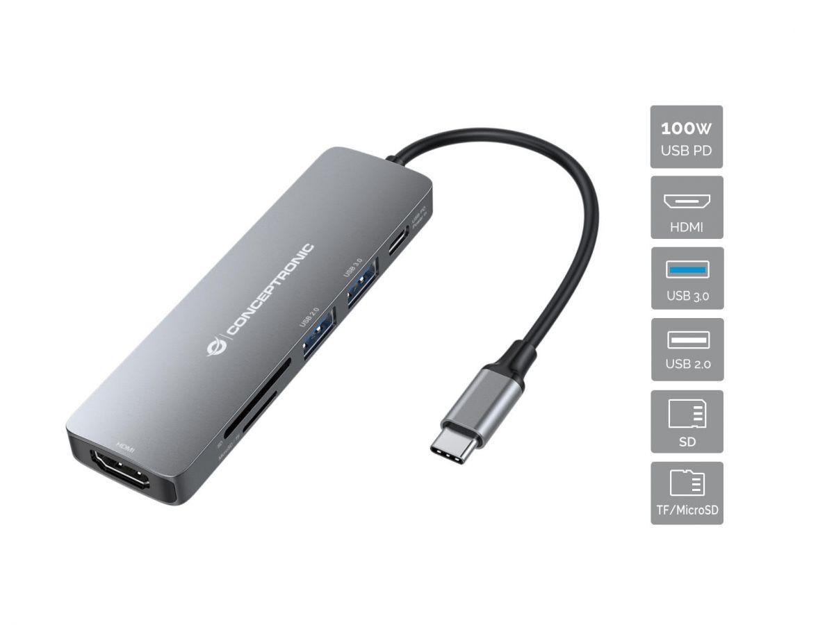 Багатофункціональний USB-хаб Donn 6-в-1, HDMI, USB-C PD, 1 x USB 3.0, 1 x USB 2.0, кардрідери SD/TF