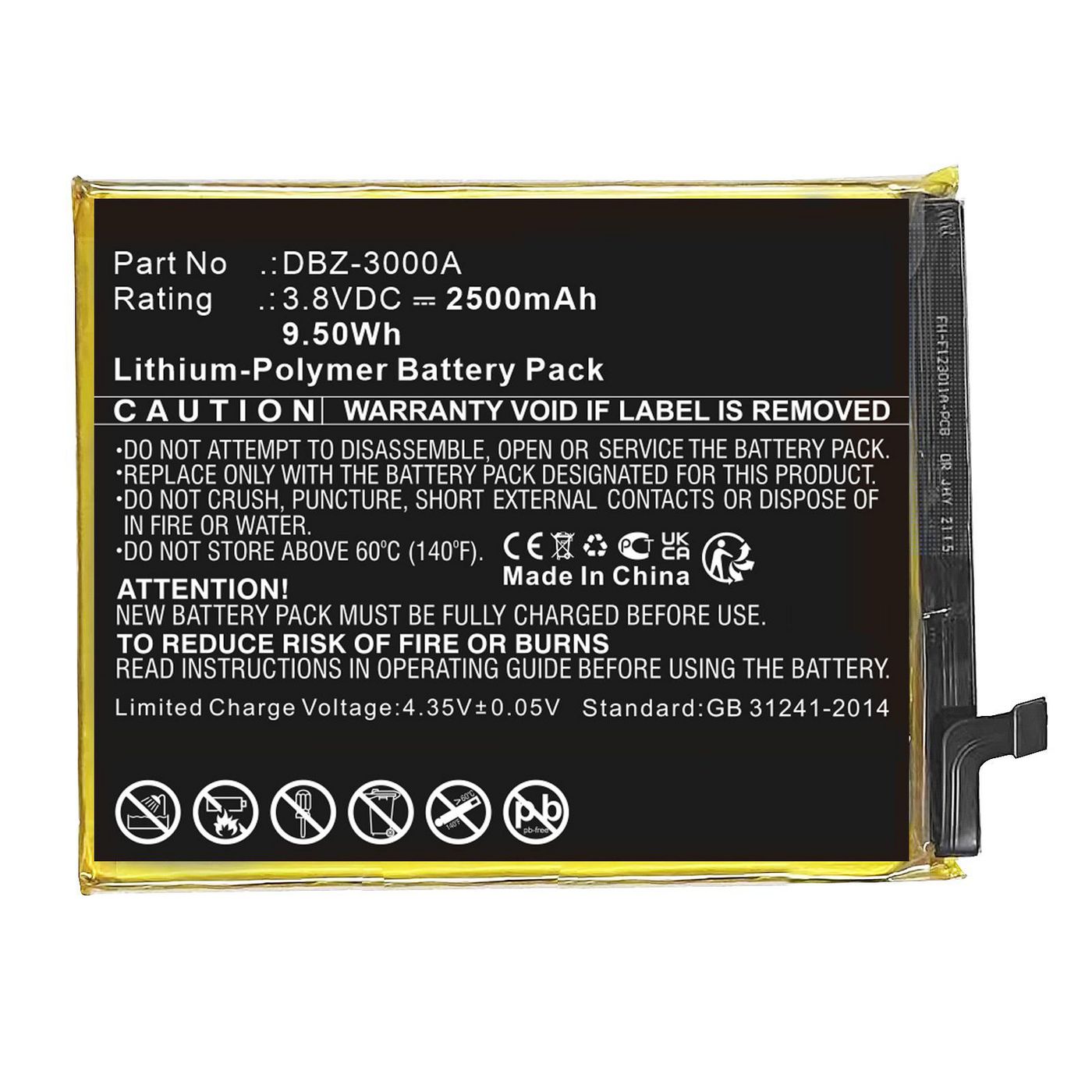 Battery 3.8V 2500mAh 9.50Wh 
