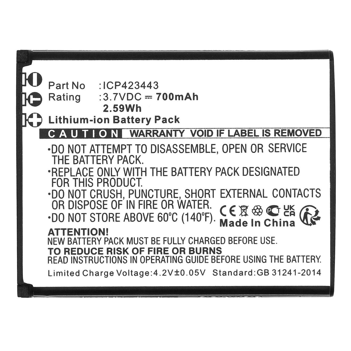 Battery 3.7V 700mAh 2.59Wh 