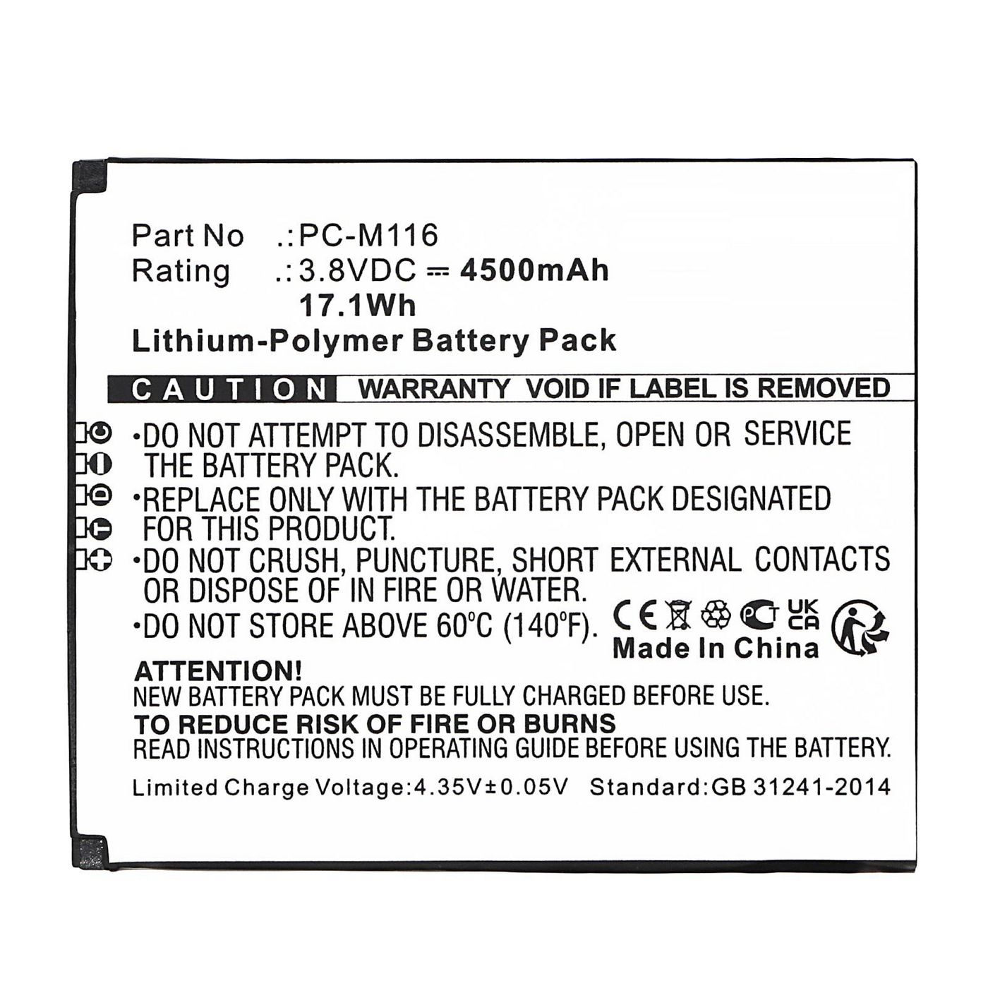 Battery 3.8V 3900mAh 14.82Wh 