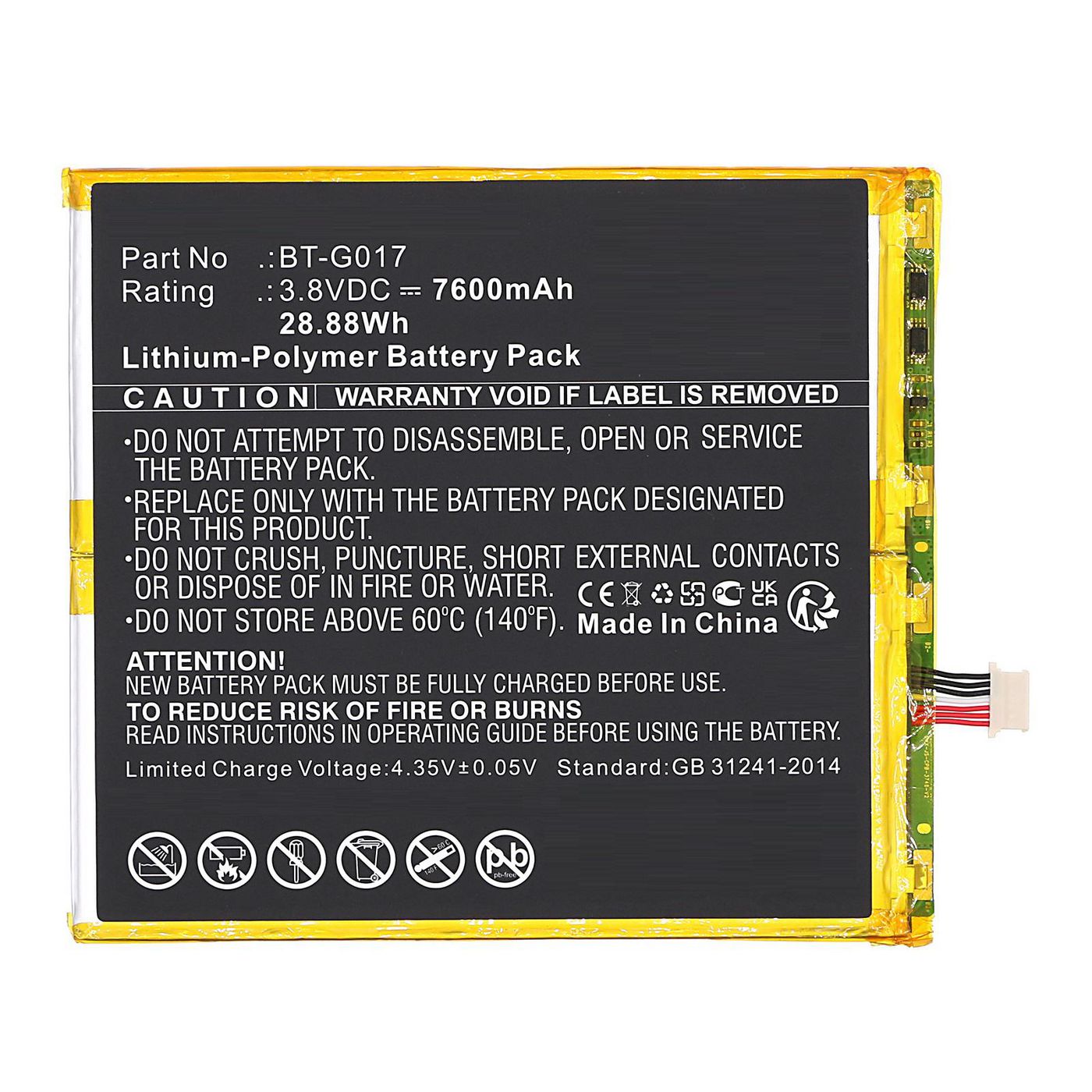 Battery 3.8V 7600mAh 28.88Wh